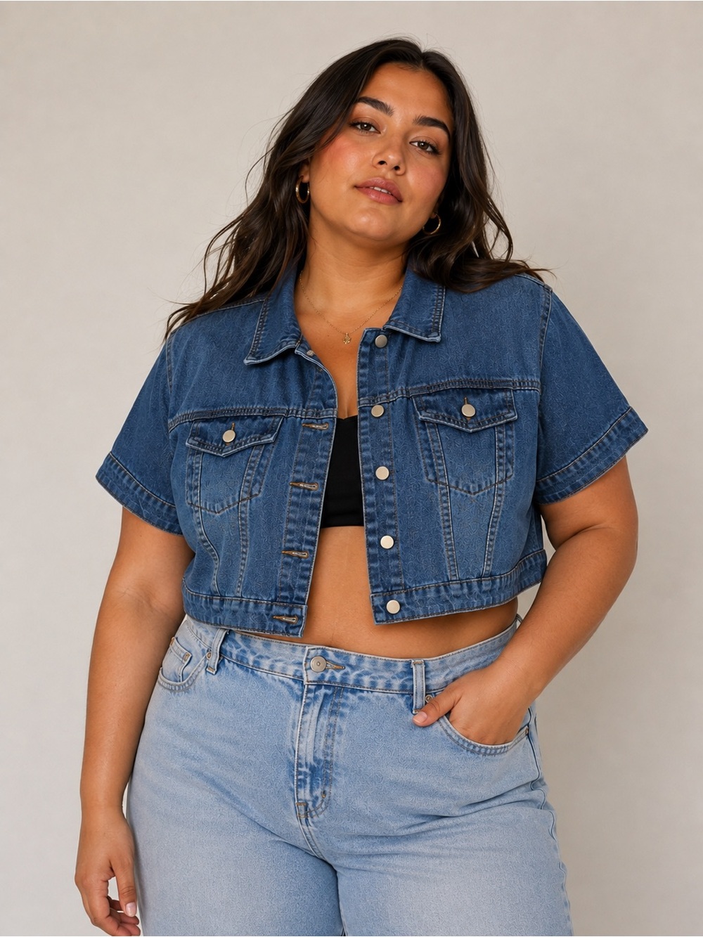 SHEIN Cropped Short-Sleeve Denim Jacket in Blue